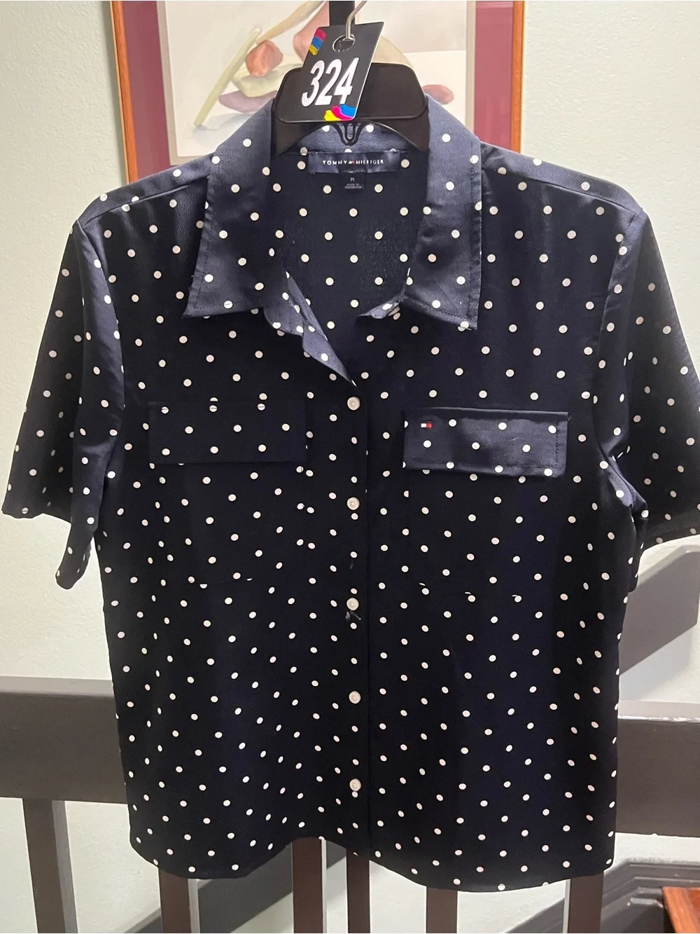 NWOT Tommy Hilfiger Navy Short Sleeve Polka Dot Button-Down Shirt Medium #324